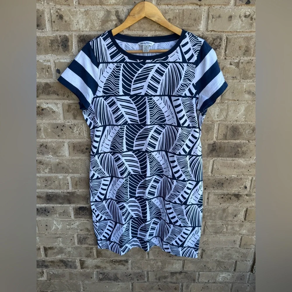 Tommy Bahama Navy & White Leaf Printed Short Sleeve Women's Dress size Large - Picture 2 of 7